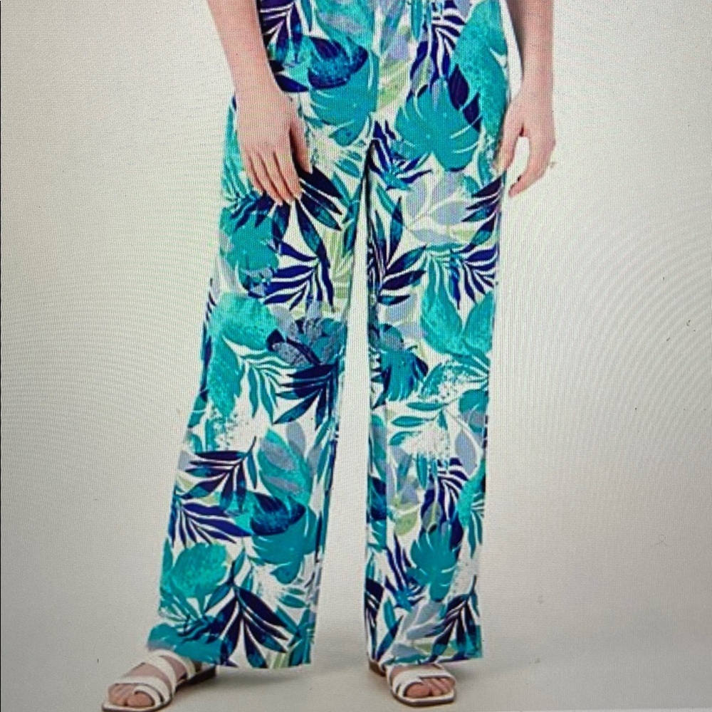 Denim & Co. Beach Jersey Wide Leg Full Length Pant Aqua Palm Print S New